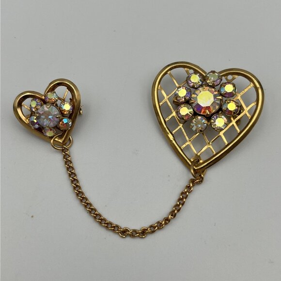 Unbranded Jewelry - Vintage Aurora Borealis Rhinestone Hearts Gold Tone Chatelaine Chain Pins